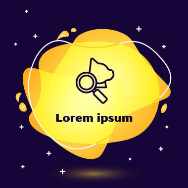 Siyah çizgi Veterinerlik Kliniği sembolü koyu mavi arka planda izole edilmiş. Kedi veteriner bakımlı büyüteç. Evcil hayvan ilk yardım işareti. Sıvı şekilli soyut pankart. Vektör İllüstrasyonu