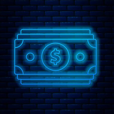 Parlak neon hattı kağıt yığınları para ikonu tuğla duvar arka planında izole. Para desteleri. Para birimi. Vektör İllüstrasyonu