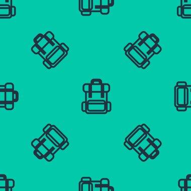 Mavi çizgi Yürüyüş sırt çantası simgesi yeşil arka planda izole edilmiş pürüzsüz desen. Kamp ve dağ gezisi sırt çantası. Vektör İllüstrasyonu