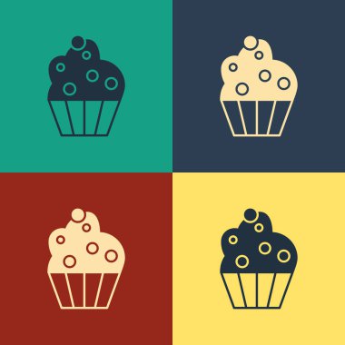 Renkli Cupcake simgesi renk arkaplanında izole edildi. Klasik tarzda çizim. Vektör İllüstrasyonu
