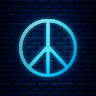 Parlayan neon barış simgesi tuğla duvar arkasında izole edildi. Hippi barış sembolü. Vektör İllüstrasyonu