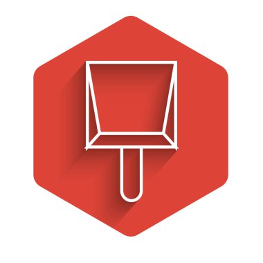 Beyaz çizgi faraş simgesi uzun gölgeli izole edilmiş. Temizlik işleri. Kırmızı altıgen düğmesi. Vektör İllüstrasyonu