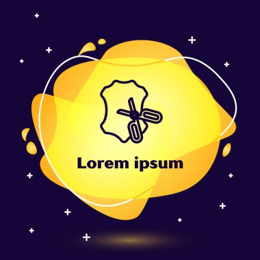 Siyah çizgi makas ve deri simge koyu mavi arka planda izole. Terzi sembolü. Alet kesme işareti. Sıvı şekilli soyut pankart. Vektör İllüstrasyonu