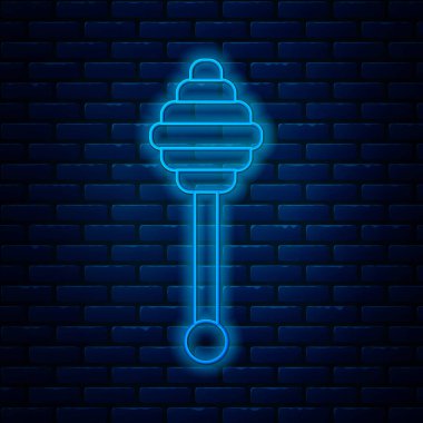 Işıldayan neon hattı Bal Dipper çubuğu simgesi tuğla duvar arkasında izole edilmiş. Tatlı kepçe. Vektör İllüstrasyonu