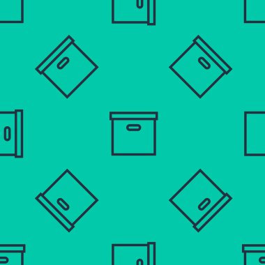 Mavi çizgi karton kutu simgesi yeşil arka planda izole edilmiş kusursuz desen. Kutu, paket, paket işareti. Teslimat ve ambalaj. Ulaşım ve nakliye. Vektör İllüstrasyonu