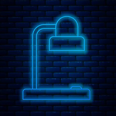 Parlak neon çizgili masa lambası ikonu tuğla duvar arka planında izole edildi. Ofis lambası. Vektör İllüstrasyonu