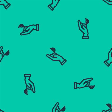 Çevre koruma ikonu elinde mavi çizgi filizi yeşil arka planda izole edilmiş pürüzsüz desen. Tohum ve tohum. Fidan dikiyorum. Ekoloji konsepti. Vektör İllüstrasyonu