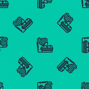 Mavi çizgi Burger ve patates kızartması karton kutu ikonunda izole edilmiş yeşil arka planda pürüzsüz desen. Hamburger, çizburger sandviçi. Fast food menüsü. Vektör İllüstrasyonu