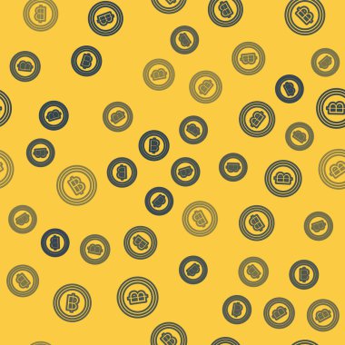 Mavi çizgi kripto para sikkesi Bitcoin simgesi sarı arkaplanda pürüzsüz desen izole etti. Engelleme teknolojisi, bitcoin, dijital para piyasası, kripto para cüzdanı. Vektör İllüstrasyonu