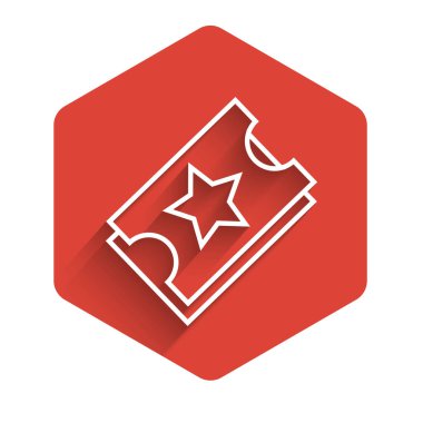 Beyaz çizgi bilet simgesi uzun gölgeli izole edildi. Eğlence parkı. Kırmızı altıgen düğmesi. Vektör İllüstrasyonu