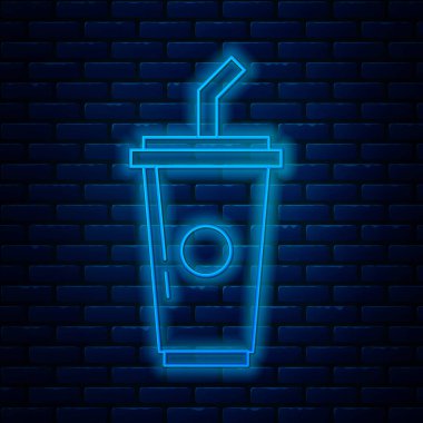 Duvarda izole edilmiş pipet ve su ikonu ile parlayan neon şeritli kağıt bardak. Soda bardağı. Taze soğuk içecek sembolü. Vektör İllüstrasyonu