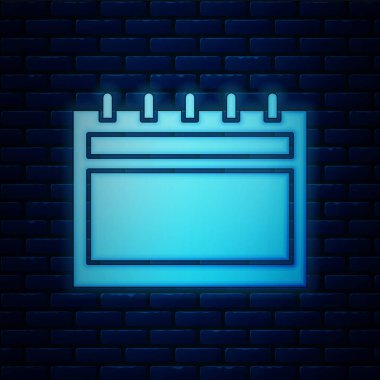 Parlayan neon takvim simgesi tuğla duvar arka planında izole edildi. Olay hatırlatma sembolü. Mutlu Noeller ve mutlu yıllar. Vektör İllüstrasyonu