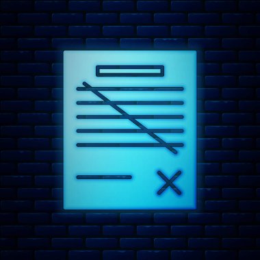Parlayan Neon tuğla duvar arka planda izole dosya belge simgesini silin. Reddedilen belge simgesi. Kağıt üzerinde çapraz. Vektör Illustration