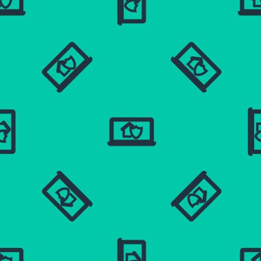 Mavi çizgi dizüstü bilgisayar ve korunan ev ikonu yeşil arka planda izole edilmiş pürüzsüz desen. Koruma, güvenlik, güvenlik, koruma, savunma konsepti. Vektör İllüstrasyonu