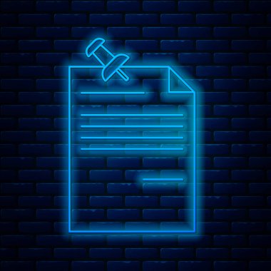 Parlak neon çizgisi Not kağıdı, tuğla duvar arka planında izole edilmiş iğnelenmiş düğme simgesi. Not kağıdı tabelası. Vektör İllüstrasyonu