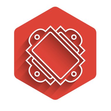 Beyaz çizgi bilet simgesi uzun gölgeli izole edildi. Eğlence parkı. Kırmızı altıgen düğmesi. Vektör İllüstrasyonu