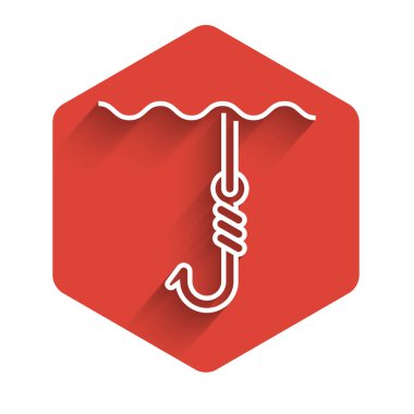 Su ikonunun altında uzun gölgeli beyaz olta kancası var. Balık oltası. Kırmızı altıgen düğmesi. Vektör İllüstrasyonu