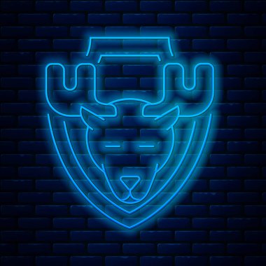 Parlayan neon hattı Moose kafası kalkan simgesinde, duvarın arkasında izole edilmiş. Duvarda av kupası. Vektör İllüstrasyonu