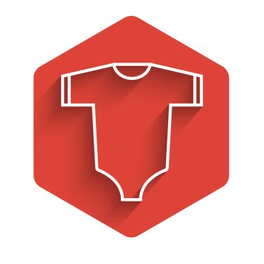 Beyaz çizgi bebek kıyafetleri ikonu uzun gölgeli izole edilmiş. Bebek kıyafetleri, erkek ve kız için. Bebek kıyafeti. Kırmızı altıgen düğmesi. Vektör İllüstrasyonu