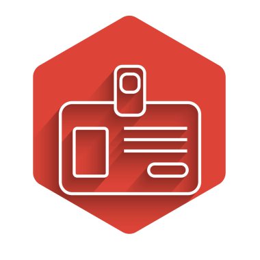 Beyaz çizgi tanımlama rozeti simgesi uzun gölgeli izole edilmiş. Sunum için, şirketin kimliği için, reklam için kullanılabilir. Kırmızı altıgen düğmesi. Vektör İllüstrasyonu