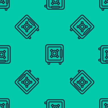 Mavi çizgi güvenli simge yeşil arka planda kusursuz desen izole edildi. Kapı, şifreli bir banka kasası. Güvenilir Veri Koruma. Vektör İllüstrasyonu