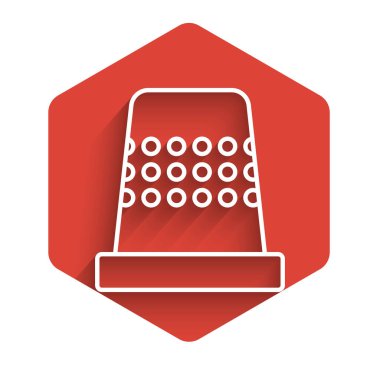 Uzun gölgeli izole edilmiş ikon dikmek için beyaz çizgi yüksük. Kırmızı altıgen düğmesi. Vektör İllüstrasyonu