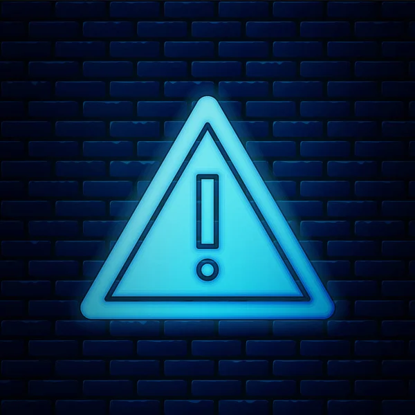 Glowing neon Exclamation mark in triangle icon isolated on brick wall background. Hazard warning sign, careful, attention, danger warning important sign. Vector Illustration — ストックベクタ