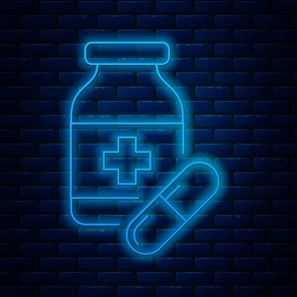 Linea neon incandescente bottiglia Medicina e pillole icona isolata su sfondo muro di mattoni. Segno della pillola della bottiglia. Design della farmacia. Illustrazione vettoriale — Vettoriale Stock