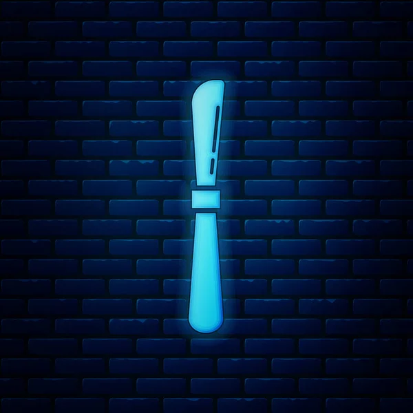 Icono de cuchillo de neón brillante aislado en el fondo de la pared de ladrillo. Símbolo de cubertería. Ilustración vectorial — Archivo Imágenes Vectoriales