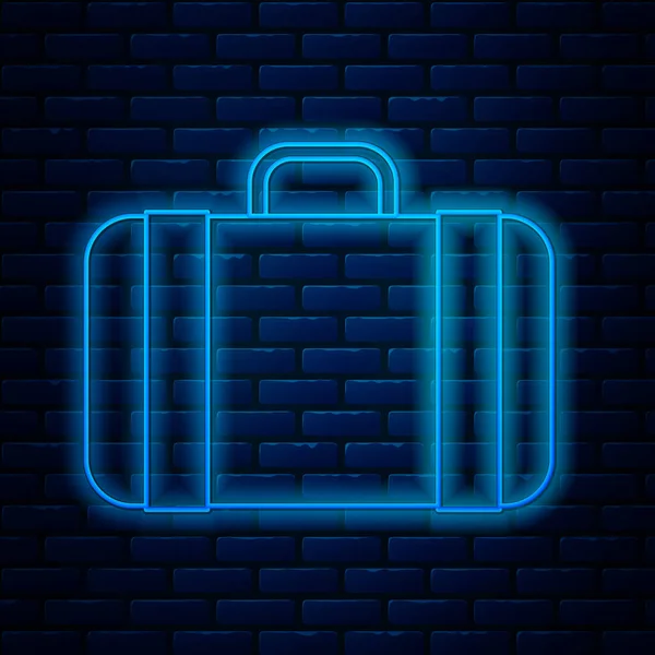 Gloeiende neon lijn Koffer voor reizen pictogram geïsoleerd op baksteen muur achtergrond. Reisbagagebord. Reisbagage icoon. Vector Illustratie — Stockvector