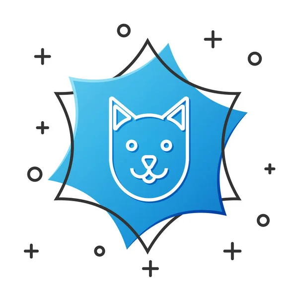 Línea blanca Icono de gato aislado sobre fondo blanco. Botón hexágono azul. Ilustración vectorial — Vector de stock