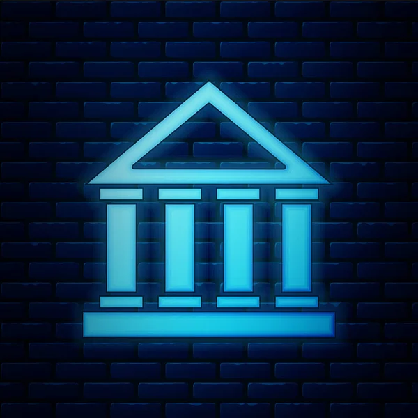 Gloeiend neon gebouw icoon geïsoleerd op bakstenen muur achtergrond. Gebouw bank of museum. Vector Illustratie — Stockvector