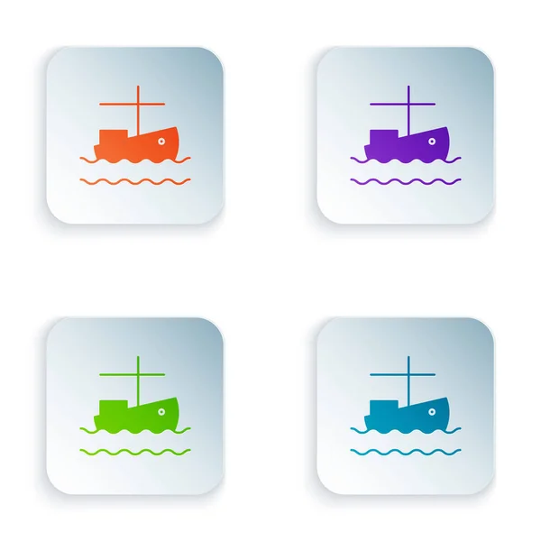 Kleur Vissersboot op waterpictogram geïsoleerd op witte achtergrond. Stel pictogrammen in kleurrijke vierkante knoppen. Vector Illustratie — Stockvector