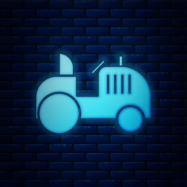 Icono brillante del tractor de neón aislado en el fondo de la pared de ladrillo. Ilustración vectorial — Vector de stock