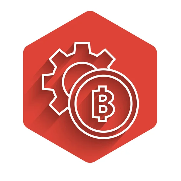 Línea blanca Criptomoneda moneda Bitcoin icono aislado con sombra larga. Ajuste de engranajes y Bitcoin. Blockchain basado en criptomoneda segura. Botón de hexágono rojo. Ilustración vectorial — Vector de stock