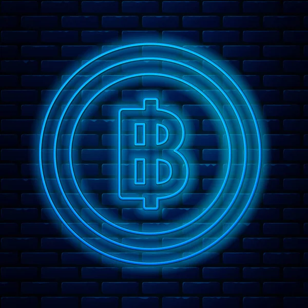 Linea al neon luminoso Cryptocurrency moneta icona Bitcoin isolato su sfondo muro di mattoni. Tecnologia Blockchain, bitcoin, mercato monetario digitale, portafoglio cryptocoin. Illustrazione vettoriale — Vettoriale Stock