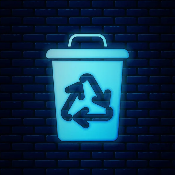 Gloeiende neon recycle bin met recycle symbool icoon geïsoleerd op bakstenen muur achtergrond. Prullenbakpictogram. Vuilnis bin teken. Recycle mand teken. Vector illustratie — Stockvector