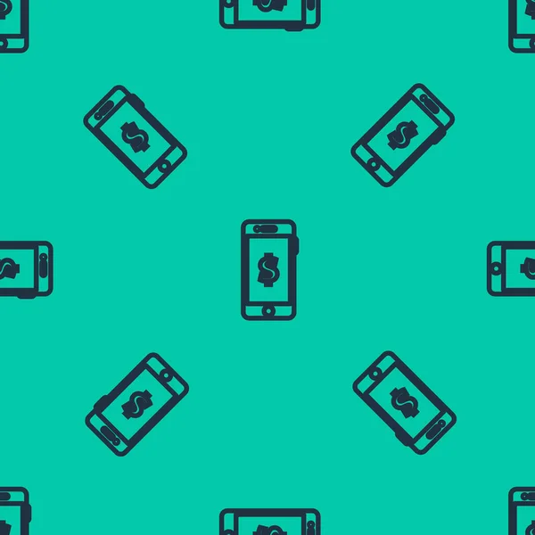 Línea azul Smartphone con símbolo de dólar icono aislado patrón sin costura sobre fondo verde. Concepto de compras online. Icono financiero del teléfono móvil. Pago en línea. Ilustración vectorial — Vector de stock