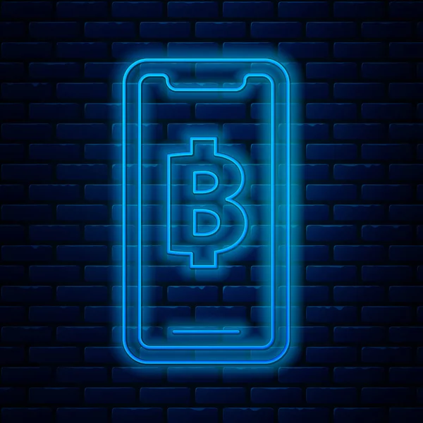 Brillante línea de neón Teléfono móvil y moneda criptomoneda icono de Bitcoin aislado en el fondo de la pared de ladrillo. Una moneda física. Blockchain basado en criptomoneda segura. Ilustración vectorial — Vector de stock