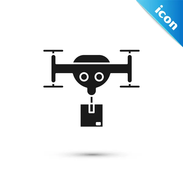 Drone de entrega negra con el icono del paquete aislado sobre fondo blanco. Drone entrega caja de cartón. Ilustración vectorial — Vector de stock