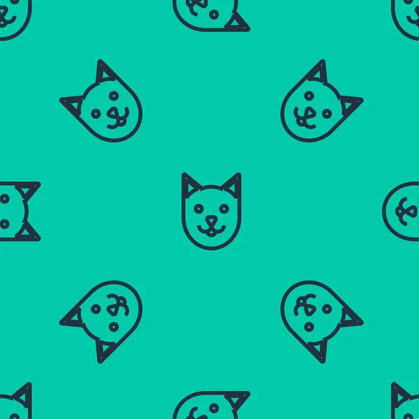 Ícone de gato linha azul isolado padrão sem costura no fundo verde. Ilustração vetorial —  Vetores de Stock
