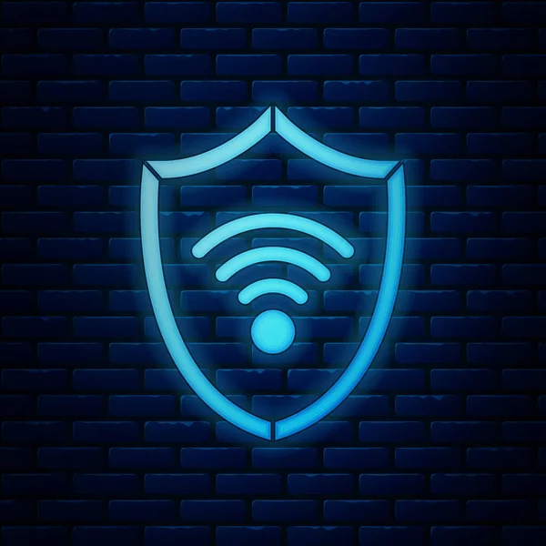 Светящийся неоновый щит с символом беспроводного интернета WiFi на фоне кирпичной стены. Концепция защиты. Векторная миграция — стоковый вектор