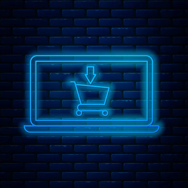 Leuchtende Neon-Linie Warenkorb auf dem Bildschirm Laptop-Symbol isoliert auf Backsteinwand Hintergrund. Konzept E-Commerce, E-Business, Online Business Marketing. Vektorillustration — Stockvektor