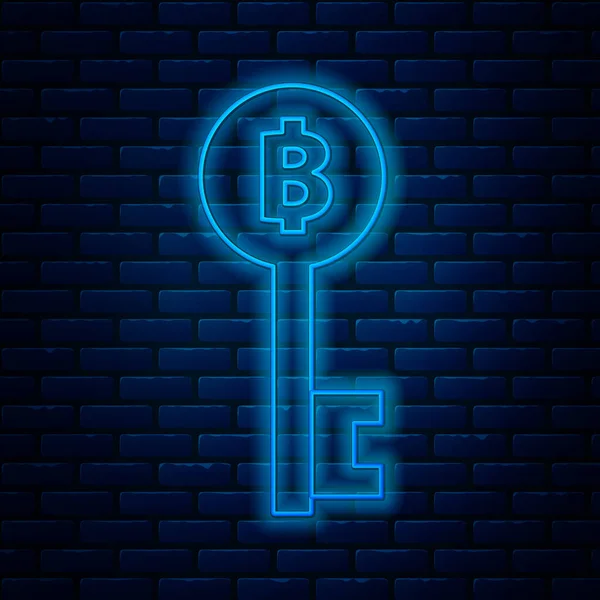 Linha de néon brilhante Criptomoeda ícone chave Bitcoin isolado no fundo da parede de tijolo. Conceito de segurança cibernética ou chave digital com interface de tecnologia. Ilustração vetorial —  Vetores de Stock