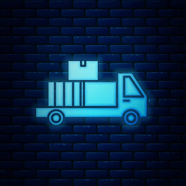 Tuğla duvar arka planda izole simgesi arkasında karton kutular ile parlayan Neon teslim kamyon. Vektör Illustration — Stok Vektör
