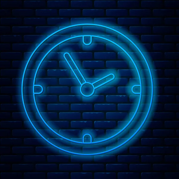 Icono de reloj de línea de neón brillante aislado en el fondo de la pared de ladrillo. Símbolo de tiempo. Ilustración vectorial — Archivo Imágenes Vectoriales