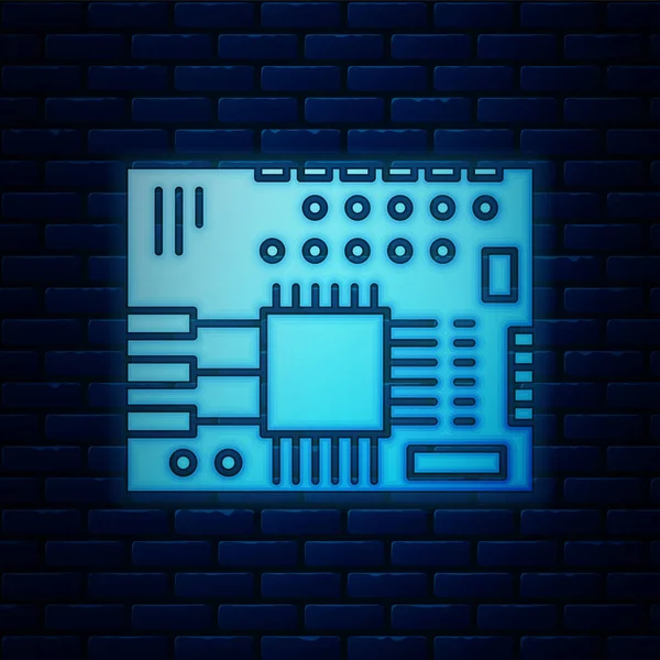 Glödande neon tryckt kretskort Pcb ikon isolerad på tegel vägg bakgrund. Vektor Illustration — Stock vektor