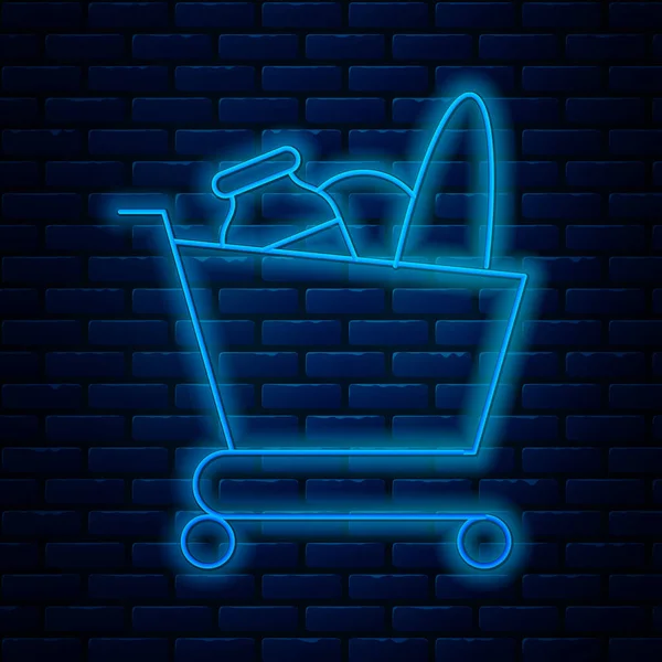 Parlayan neon hattı alışveriş arabası ve duvarda izole edilmiş yemek ikonu. Yiyecek dükkanı, süpermarket. Vektör İllüstrasyonu