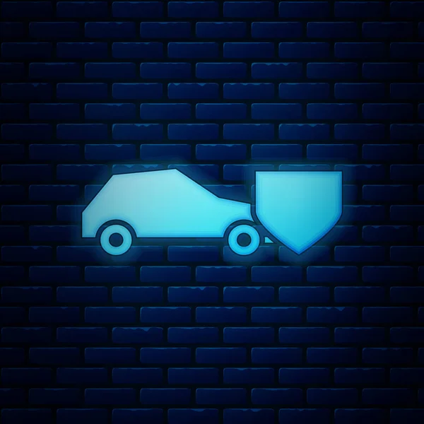 Leuchtende Neon-Auto mit Schild-Symbol isoliert auf Backstein-Wand-Hintergrund. Versicherungskonzept. Sicherheit, Sicherheit, Schutz, Schutzkonzept. Vektorillustration — Stockvektor