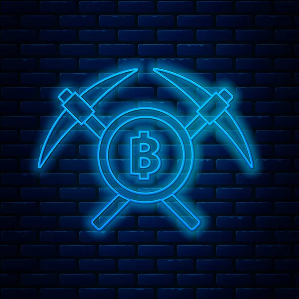 Glödande neon linje Crossed hacka ikon isolerad på tegelvägg bakgrund. Blockkedjeteknik, kryptovalutautvinning, bitcoin, altcoins, digital penningmarknad. Vektor Illustration — Stock vektor
